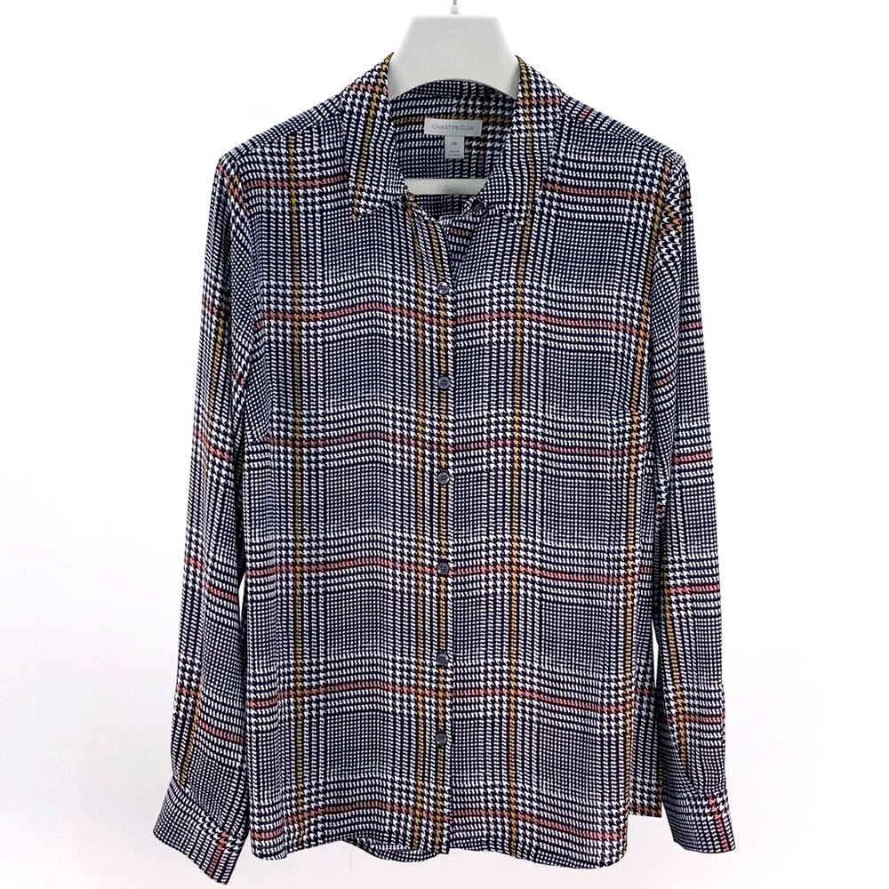 Charter Club Plaid Houndstooth Button Up Button Front Blouse Top, Petite Medium